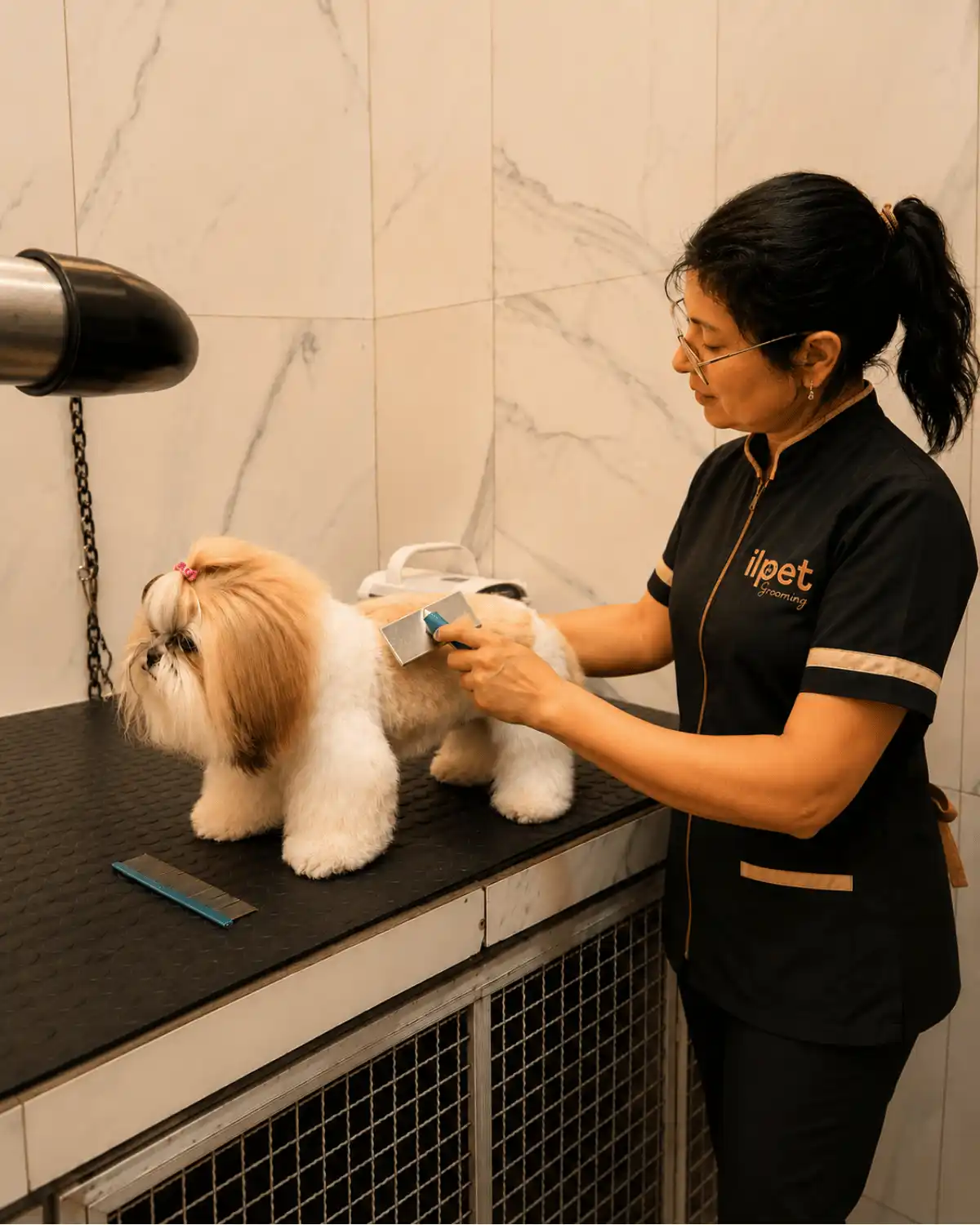 Andréa Miranda avaliando a pelagem de um cão antes da tosa na tesoura na Ilpet Grooming