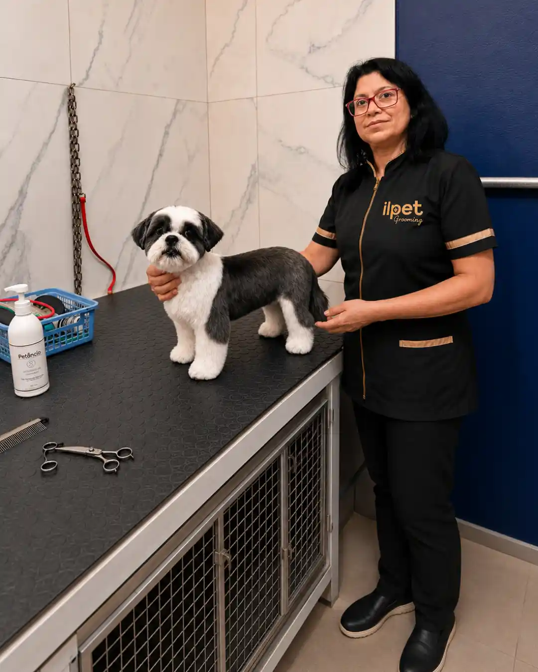 Andréa Miranda analisando a pelagem de um Shih-Tzu antes da tosa na tesoura na Ilpet Grooming